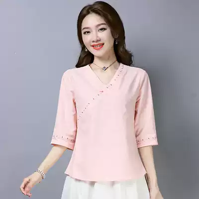 2021 Spring Summer new national style women's vintage art cotton linen Chinese style Zen tea clothing seven-point sleeve shirt