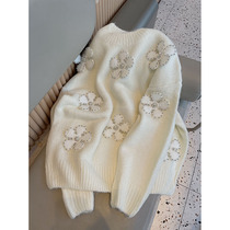 European Station 2021 European Goods Rework Small Scent Wind Solid Flowers Advanced Raccoon Suede White Soft Glutinous Sweater Women Winter