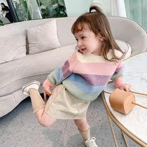 Girl Sweater Autumn Winter 2021 New Korean Version Fashion Colorful Stripes Loose Long Sleeve Children Baby Autumn Winter Blouse