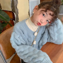 Girl Sweater 2021 Autumn Winter New Fashion Temperament Lantern Sleeve Cardiovert Jacket Children Baby Knit Blouse