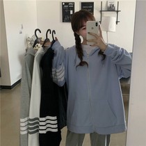 Three bars with cap jacket new Korean version tb striped sweatshirt male and female with four bars and a cap cardiovert
