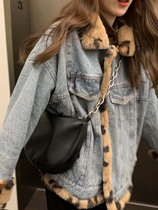 Denim coat womens autumn and winter Korean version of loose Joker plus velvet padded cotton jacket on both sides of Lamb hair BAO WEN jacket