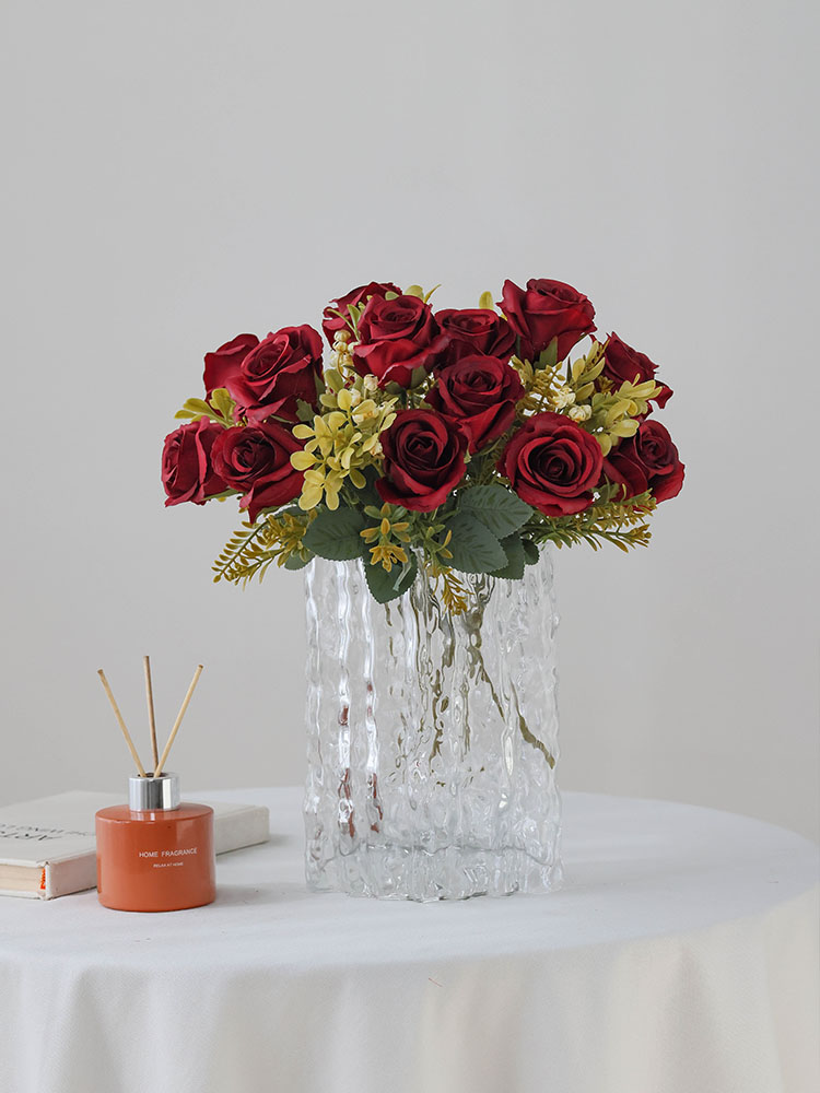 High Quality Artificial Flower Handle Bunch of Small Roses Living Room Fake Flower Decorative Decoration Dining Table Decoration Flower Photo Props Bouquet