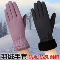 Down Cotton Gloves Women Winter Warm Anti-Chill Plus Suede Thickened Riding Electric Car Waterproof Windproof Touch Screen Gloves
