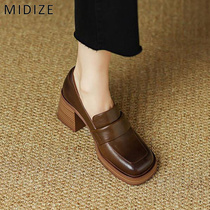 MIDIZE loafers womens retro style shoes womens 2022 new single shoes square toe thick heels brown high heels