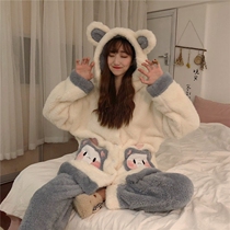 Sleeping dress Sleeping Dress Thickened plush suit Girls autumn winter large pocket Double face suede Warm Home Suit Suit