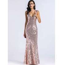 New Sexy V-Neck Sleeveless Beaded Sequin Dress Long Dress Fa