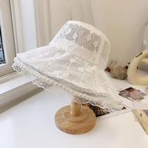 Japanese sweet and cute pearl lace fisherman hat female summer breathable thin section Korean travel sun hat basin hat