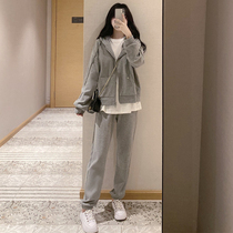 Han Edition Sports Suit Women Spring Autumn Loose Color students Lianhood Sweatshirt leisure Two sets of foreign air grey