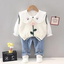 Hong Kong Girls' Knitted Vest 3pcs Set Baby Girls Fresh Autumn Set Fashionable Girls Long Sleeve Spring Autumn