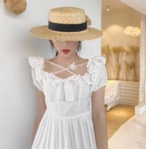Straw Hat female sand beach flat hat summer holiday stalk weaving beach cap net red sun protection English Liga hat