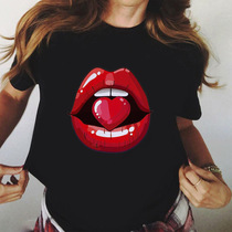 Women Red Mouth Lip Kiss Printed Girl Black Tshirt Summer Fu