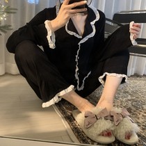 New Ins Sleepwear Lady Brief Sweet Beauty Net Red Long Sleeve Cardiovert Girl Korean version of the home The Han version of the home is in two suits