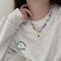 Colorful Beads Strings Necklace Colorful Small Flowers Necklace Woman Colorful Flowers Weave Collarbone Chain Small Crowddesign Senior Cute