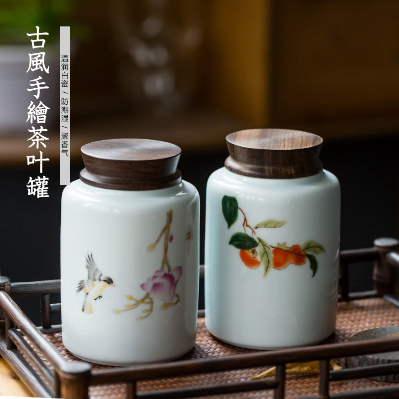 Hand - made ceramic tea caddy fixings storehouse storage tanks white porcelain ebony cover seal pot tea and tea, tea taking with zero