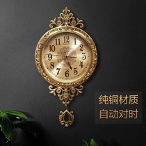 Pure copper European-style wall clock Living room all copper clock wall-mounted Retro American luxury atmospheric wall clock mute wall-mounted watch clock