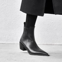 Leather British pointed Chelsea short boots female autumn and winter black white thick heel and naked boots Net red thin boots single boots