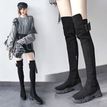 Leather skinny legs black thick-soled boots female knee boots Net red high tube Knight boots horse boots winter plus Velvet