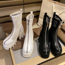 Leather thick-bottom mesh gauze cool boots Spring net boots hollow Martin boots female summer thick heel white short boots super high heel boots