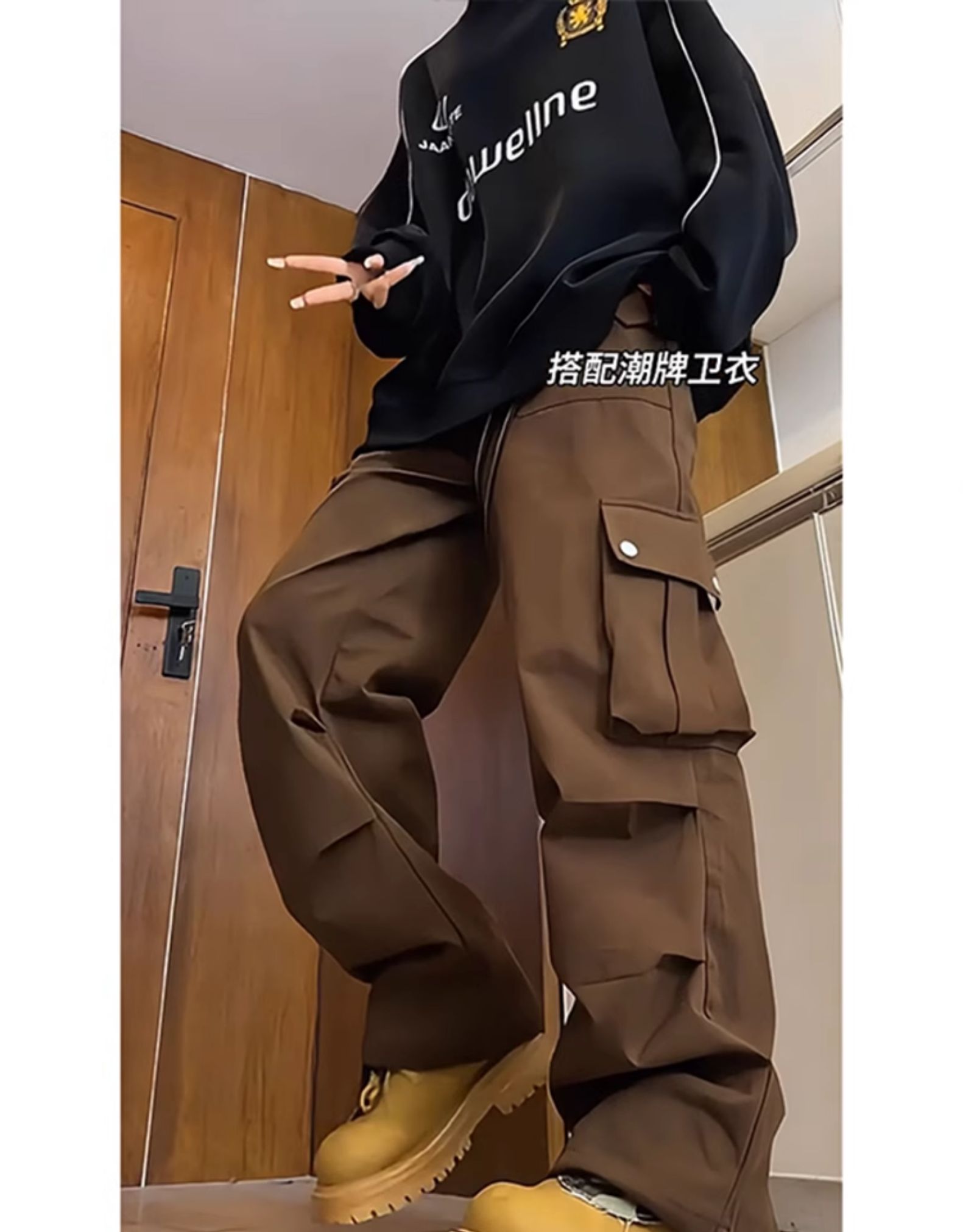 美拉德棕色大口袋工装裤男春秋款搭配马丁靴的裤子美式复古休闲裤