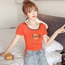 Cotton short T-shirt women 2021 summer new round neck wear thin side drawstring print knitted top women