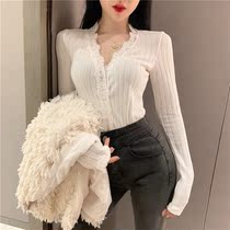 Knitted Long Sleeve Top Women 2021 Spring and Autumn New New Joker Slim Slim V Collar Stirring Sexy Lace base shirt
