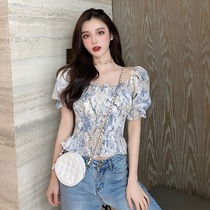 One-shoulder chiffon top womens summer 2021 New French careful machine strapless high waist floral shirt