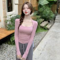 Long sleeve T-shirt female 2021 spring and autumn thin design sense square collar with collarbone Sexy Slim short base shirt