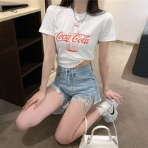 Cotton Short Sleeve T-shirt Womens Top 2021 Summer New Joker Alphabet Printing High Waist Open Short base shirt