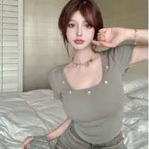 Cotton short sleeve T-shirt female 2021 summer new wild design sense square collar button button short open navel bottoming top