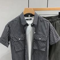 Summer classic black and white small plaid short-sleeved shirt mens top casual trendy brand handsome loose half-sleeved shirt