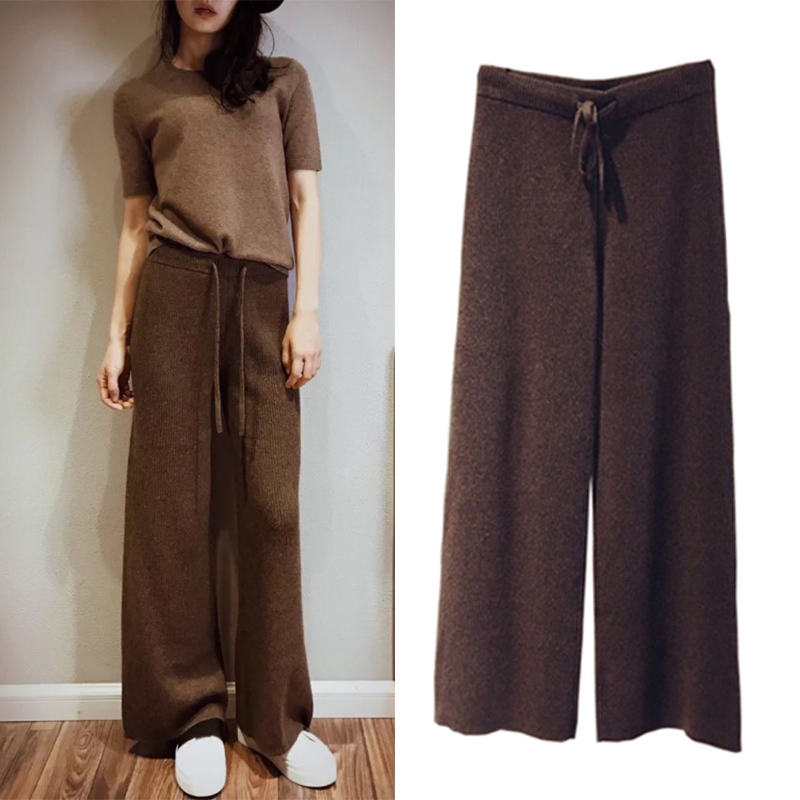 Clear Barn Cashmere Knitted Broadlegged Pants Women Casual High Waist Long Pants Loose slim tightness waist and outside wearing full wool trousers