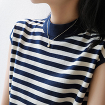 Summer cotton linen striped short sleeve T-shirt woman new pure cotton Coloured black and white striped half sleeve loose for thin and reduced age