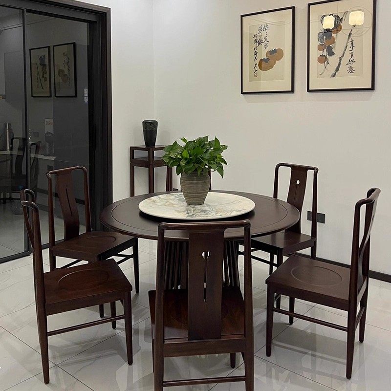 新中式实木餐桌椅乌金木别墅高端家具中式餐厅圆形餐桌配转盘