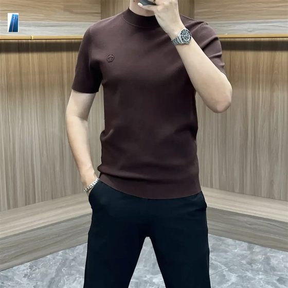 YANS light luxury men's high-end slim fit T-shirt short-sleeved men's summer trendy high-end casual half-L-sleeved sweater knitted sweater YANS light luxury men's high-end slim fit T-shirt short-sleeved men's summer trendy high-end casual half-L-sleeved sweater knitted sweater