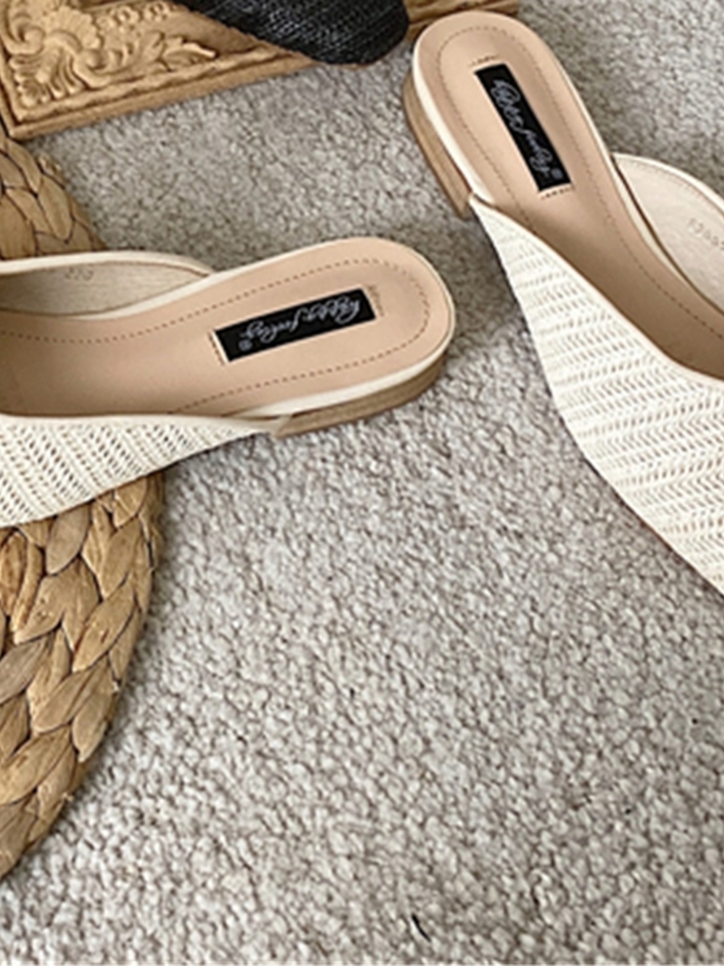 欢梨家 粗跟穆勒拖鞋编织凉拖鞋半拖