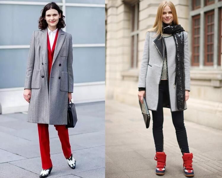 气质女神少不了一件灰色大衣,灰色大衣百搭又时髦,搭配一条红色阔腿裤