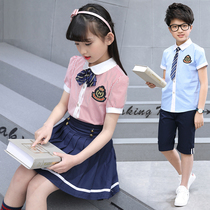 Summer primary school class clothes cotton striped shirt set Pink school uniform sixth grade graduation photo performance clothing Blue