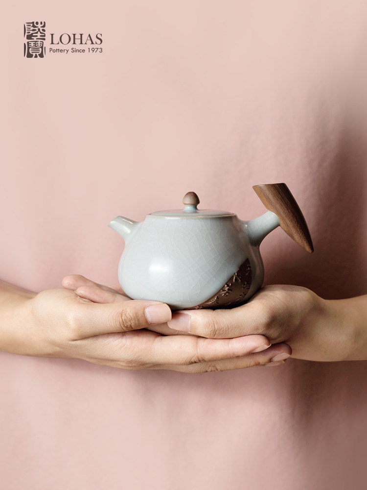 Lubao Ceramic Ru Ware Wood Three-Point Tea Set Tea Gift Gracked Glaze Yixing Clay Teapots Tea Set Complete Set Six Cups Per Pot Gift Collection