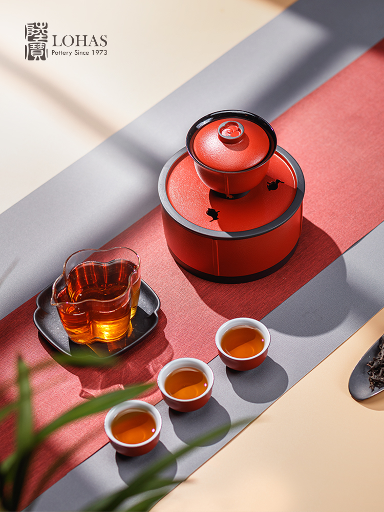 Lubao Kung Fu Tea Set Household High-End Gaiwan Tea Sets of Rich Red Rabbit Year Gift Ceramic Tea Set Lucky Photo Wanjia