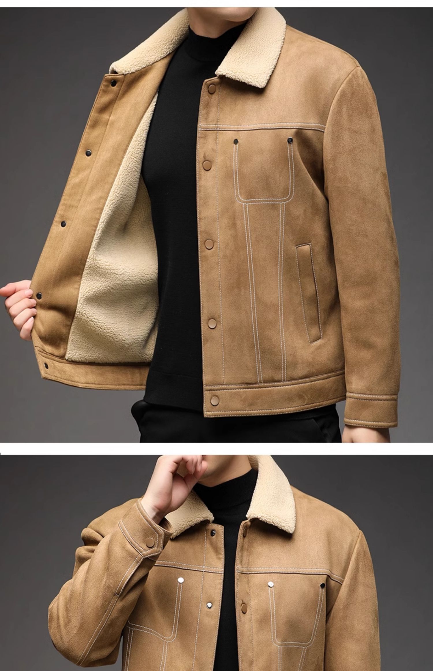 老爷车加绒夹克男士冬季加厚保暖外套中年羊羔毛领复古爸爸男装