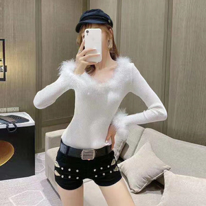 Sexy big round neck long sleeve knitted bottoming shirt stitching real wool