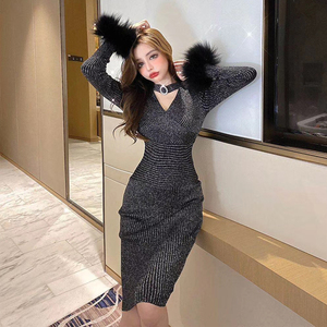 Sexy hollow out medium length knitted dress