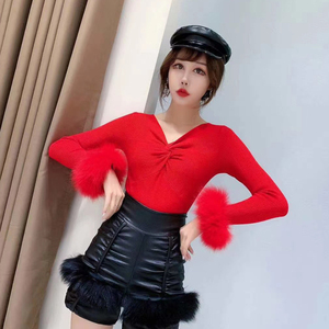 Sexy deep V pleated long sleeve T-shirt stitching real wool