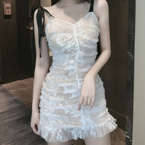 Lace ribbon sling pleated nightclub hip dress