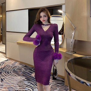 Sexy hollow out medium length knitted dress