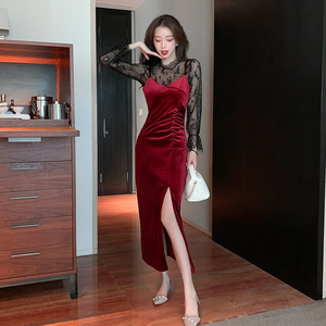 Sexy long sleeve lace bottomed suspender velvet high slit dress two piece set