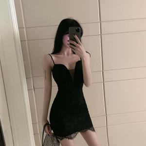 Nightclub bar sexy lace stitching mesh hip tight suspender dress