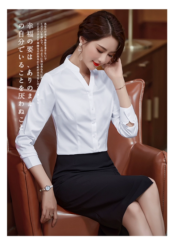 Áo sơ mi xanh nữ dài tay mùa xuân và mùa thu Hàn Quốc chuyên nghiệp nữ áo sơ mi cotton cổ chữ V với một chiếc váy phía trên - Áo sơ mi dài tay