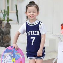 Childrens swimsuit girl split middle child 2021 model Summer cute little girl hot spring equipment short sleeve quick drying